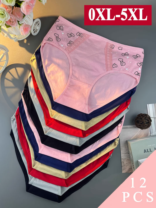 [Plus Size Lingerie] 12pcs Women's Plus Size Printed Heart and Bow Print Panties - Mid-Waist Triangle Cut, Assorted Solid Colors, Soft, Comfortable, and Breathable Underwear, Suitable for Daily Use