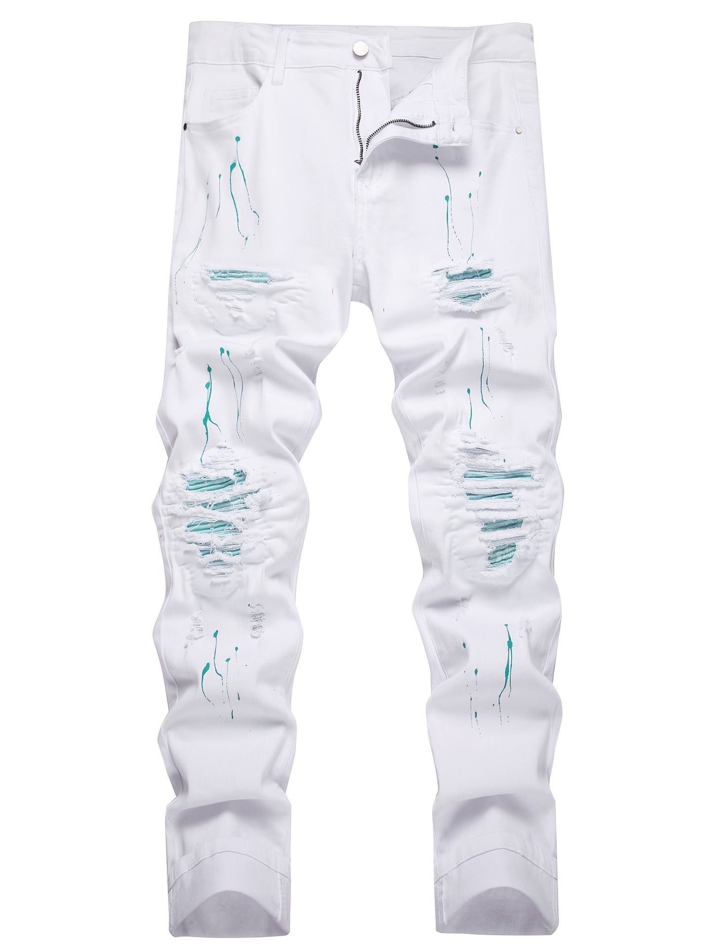 Men'S Sunny White Slim Fit Jeans Green Wave Lining Men'S Ripped Slim Fit Jeans Fashion/Business Negotiation/Holiday Party/Outdoor Travel Straight Comfortable Waisted Pants Easy To Match With Tops