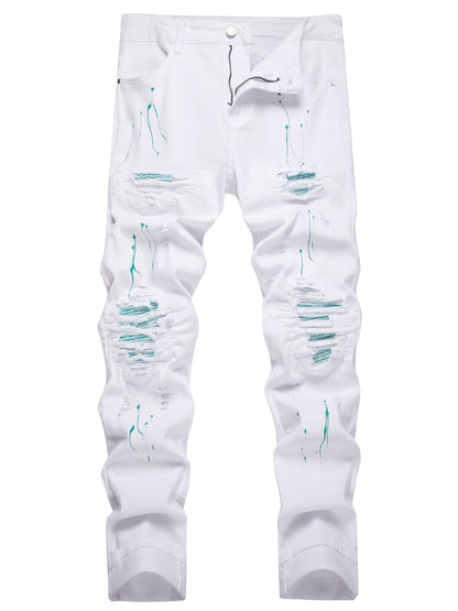 Men'S Sunny White Slim Fit Jeans Green Wave Lining Men'S Ripped Slim Fit Jeans Fashion/Business Negotiation/Holiday Party/Outdoor Travel Straight Comfortable Waisted Pants Easy To Match With Tops