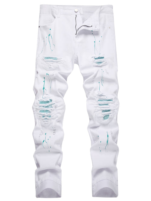 Men'S Sunny White Slim Fit Jeans Green Wave Lining Men'S Ripped Slim Fit Jeans Fashion/Business Negotiation/Holiday Party/Outdoor Travel Straight Comfortable Waisted Pants Easy To Match With Tops