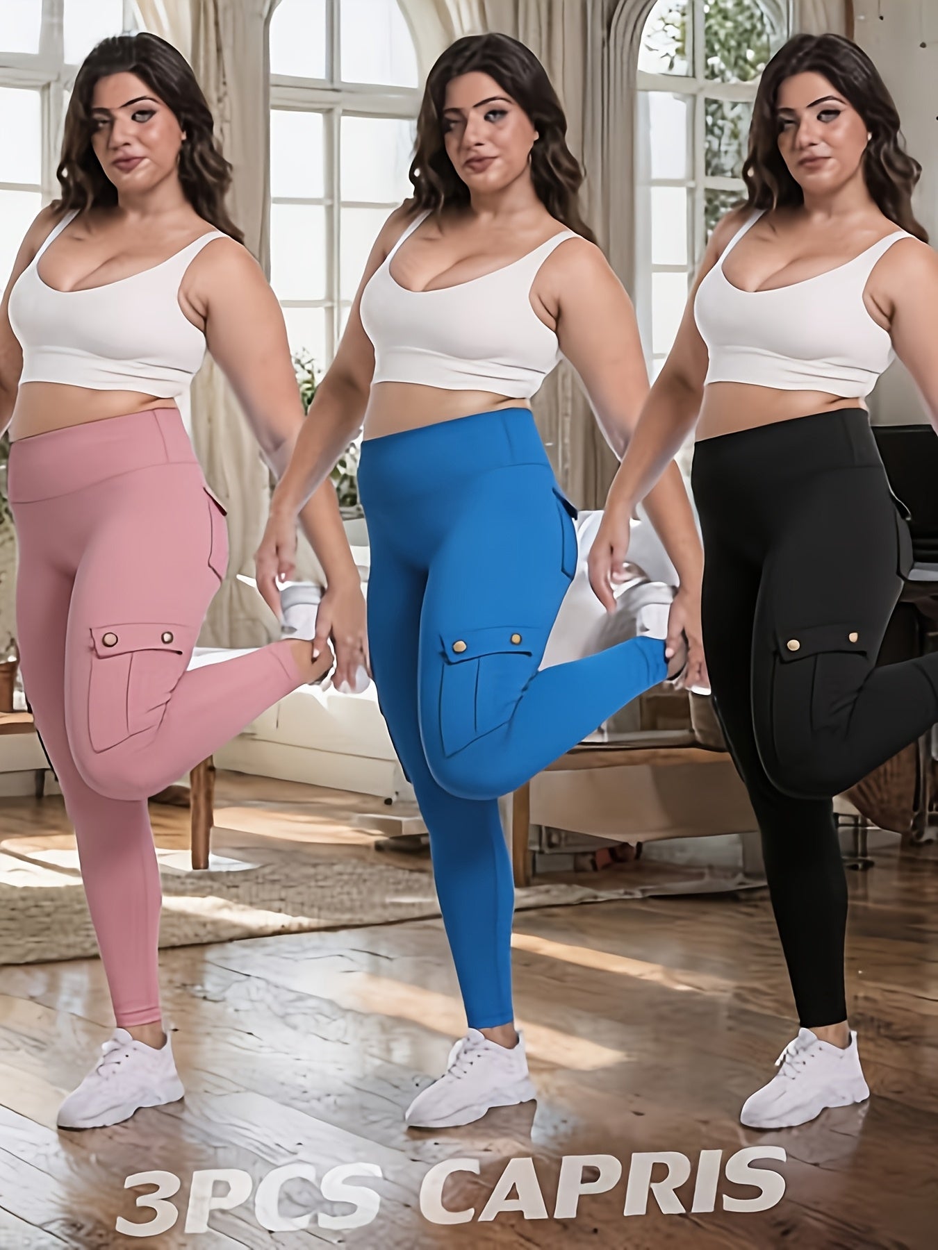 3-Pack High Waisted Cargo Yoga Pants With Slide Pockets - Tummy Control, 4 Pockets, Breathable 4-Way Stretch, Moisture Wicking, Perfect For Running, Gym & Yoga Lovers
