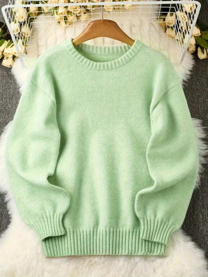 Plus Size, Women's Plus Size Light Green Sweater - Soft Turquoise Pullover Sweater, Cozy Crewneck Sweater for Fall/Winter, Oversized Drop Shoulder Design, Casual Everyday & Formal Outfits - Easy Care Sweater for Women with Cloud-Like Texture, Relaxed Fit,
