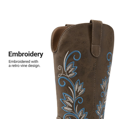 DREAM PAIRS Women's Cowboy Cowgirl Western Mid Calf Boots Square Toe Embroidered Stitched Pull On Country Boots with Low Chunky Heel