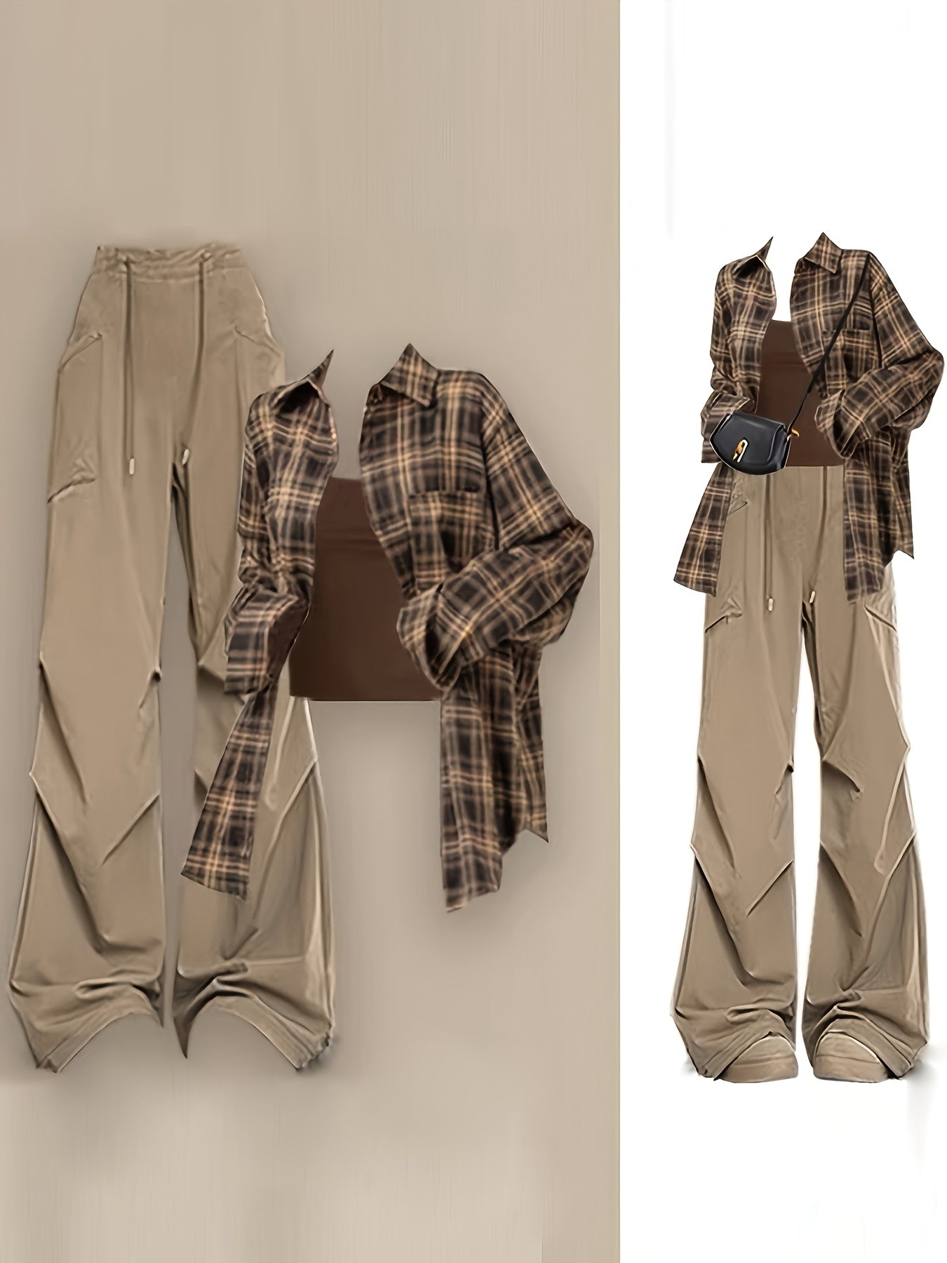 3pcss Women'S Y2K Harajuku Streetwear 3pcs Suit - Plaid Oversized Loose Fit Matching Set with High-Waist Wide-Leg Cargo Pants, Drawstring And Matching Vest - All-Season Casual Outfits, Fashion Clothing