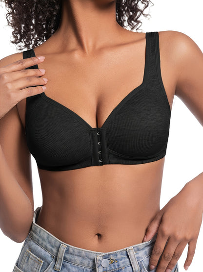 4pcs Women'S Elegant Fully Covered Underwire Bra, Front Buckle Design, Breathable Nylon, Seamless Design in Beige And Black, Comfortable And Fitted Casual Clothing