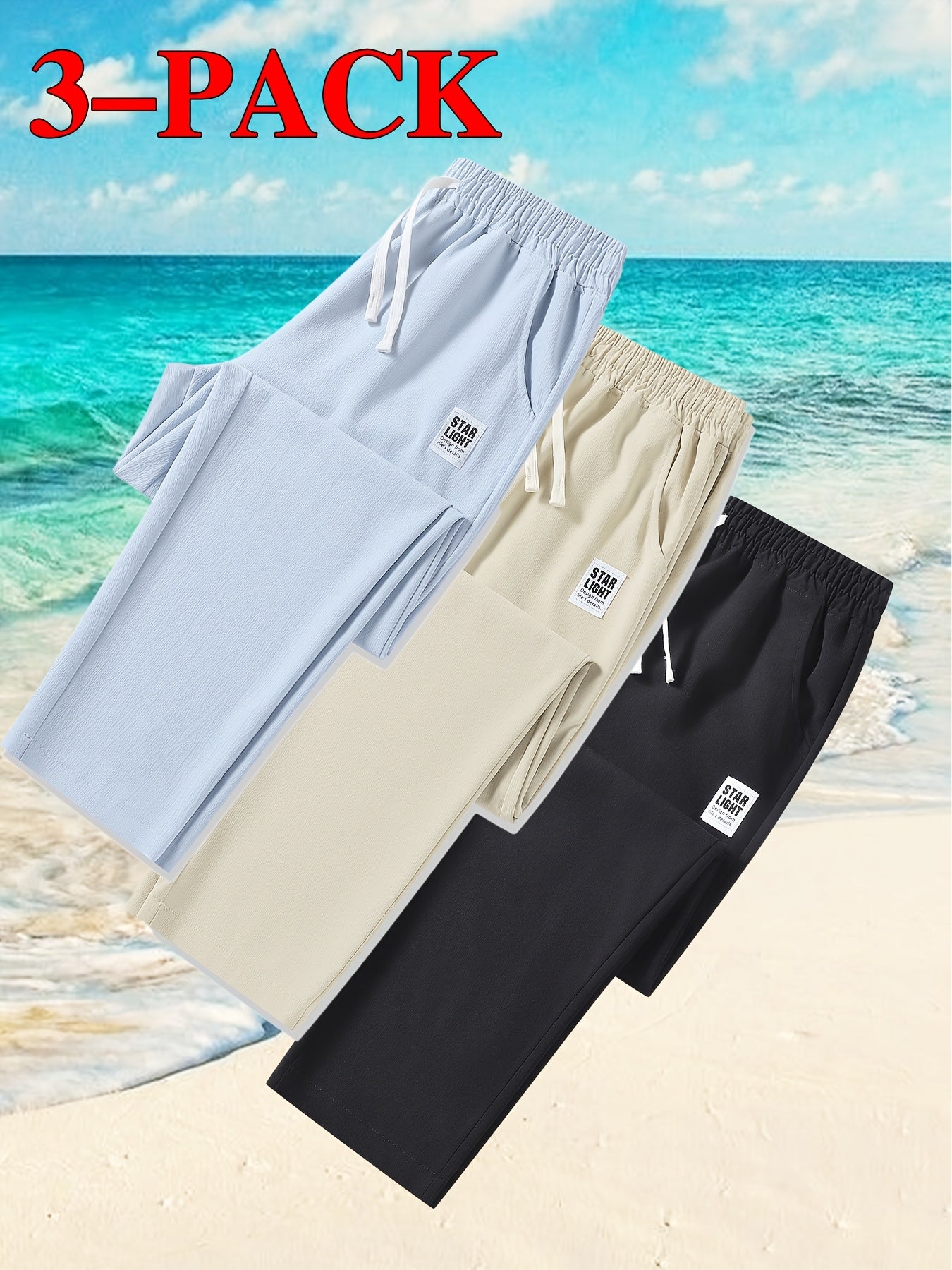Men's 3pcs Casual Pants Lightweight Breathable Drawstring Waist Trousers for Beach, Vacation & Summer Daily Wear