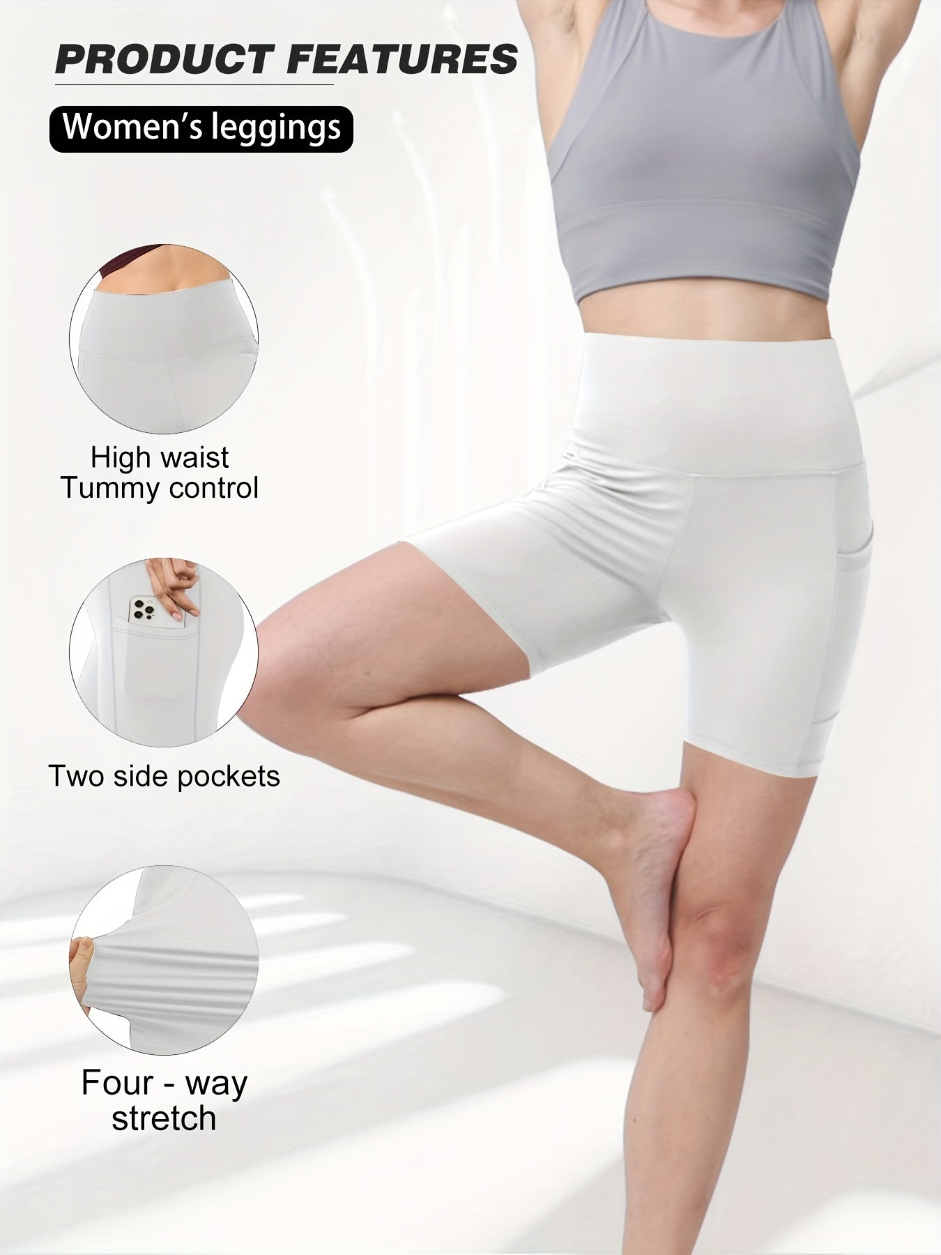 1pc Women's High-Waisted Yoga Shorts with Tummy Control & Pockets - Breathable Workout Gym Shorts, Tight-Fitting Low-Rise Athletic Pants for Summer, Gymnastics, Training (Black/Grey/Navy/Pink/ Brown) - Non-See-Through Quick-Dry