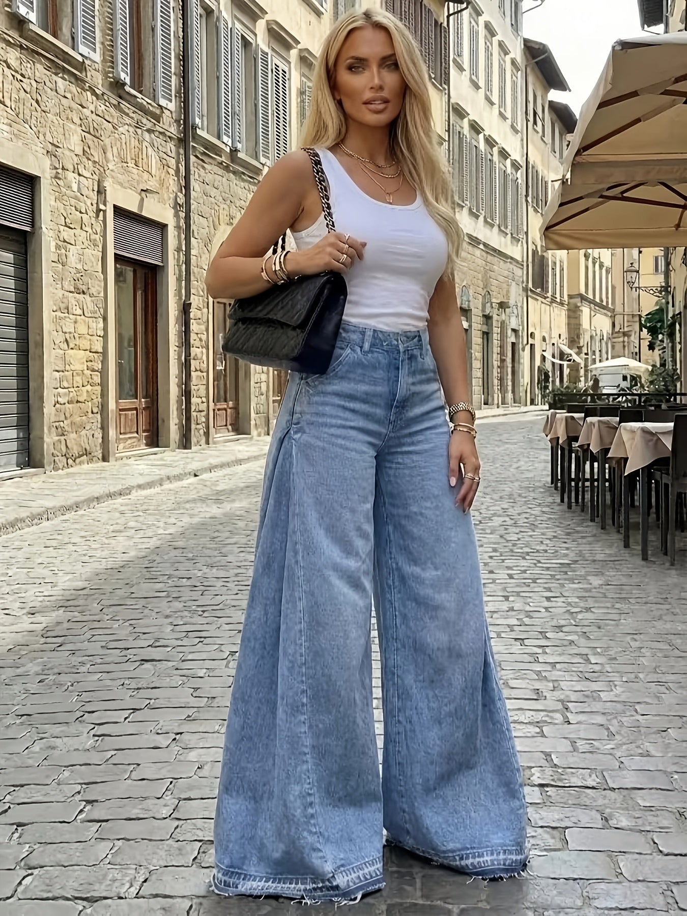 Women'S Wide Leg Jeans High Waisted Flared Denim Pants Baggy Loose Fit Jeans Frayed Raw Hem Casual Streetwear