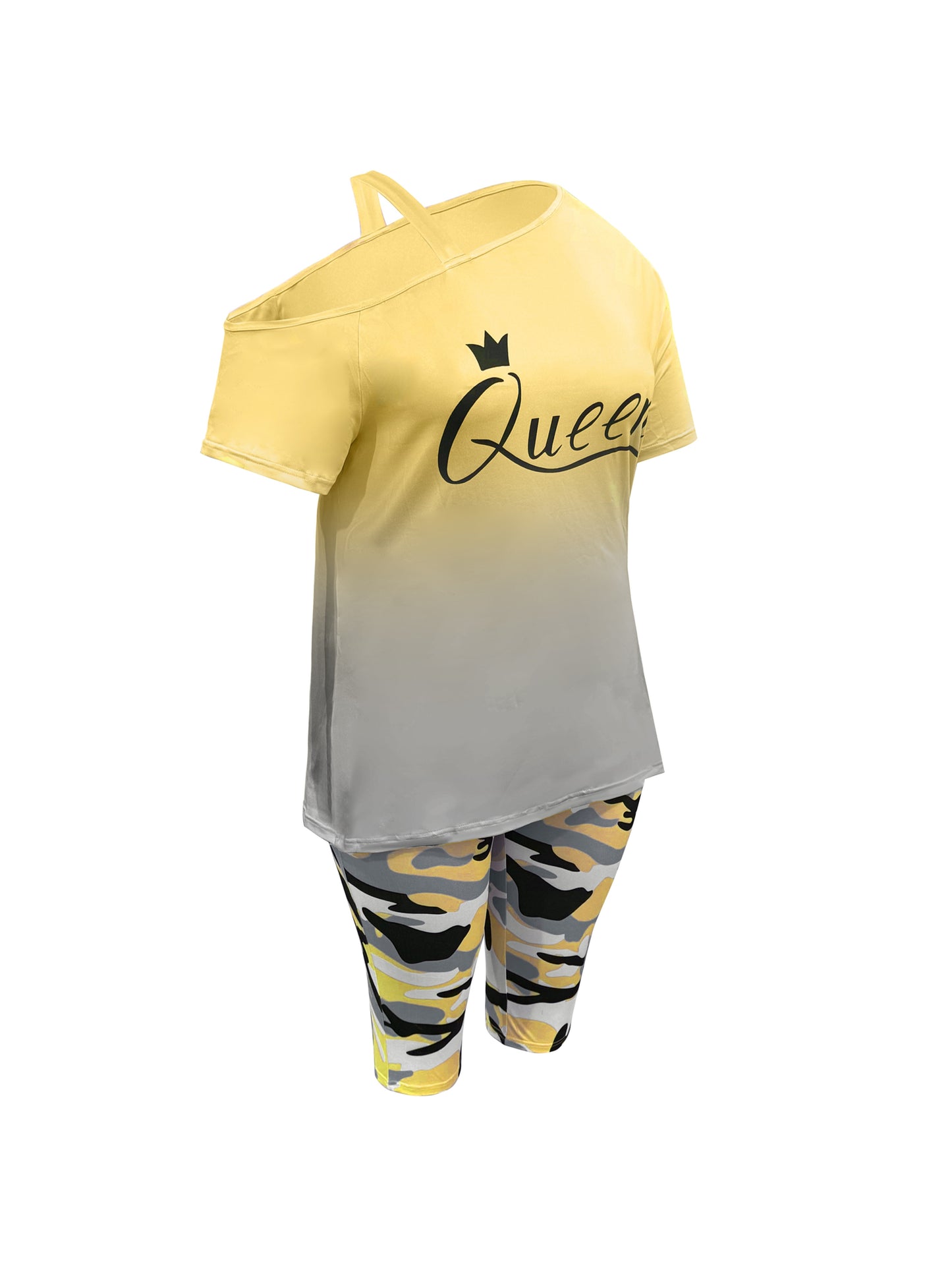 Plus Size - Ladies Fashion Daily Casual Suit, Diagonal Shoulder Camisole Gradient Letter Print Top + Camouflage Capri Pants Design.