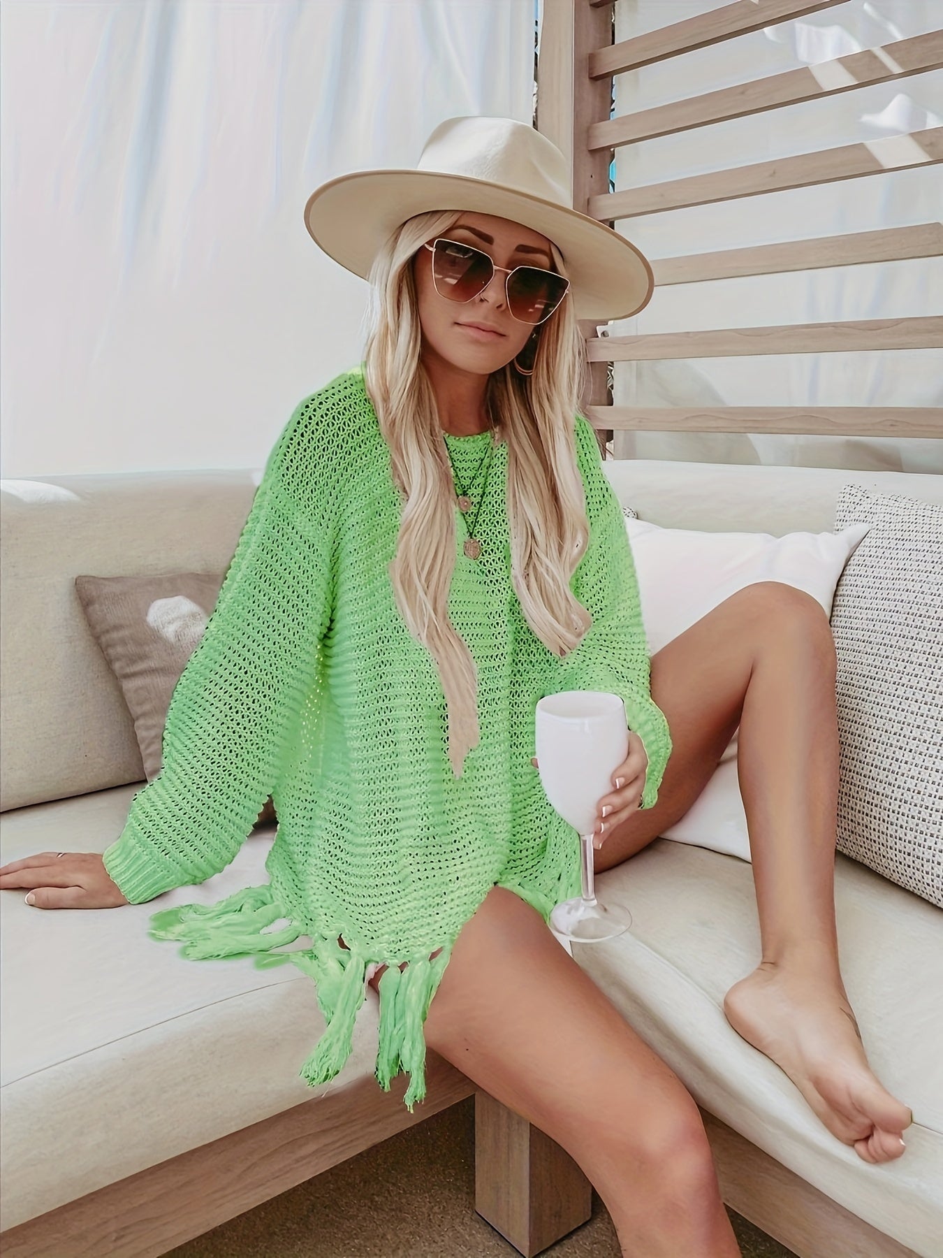 Women's Hollow Tunic Crochet Tops Beach Cover Poncho Summer Beach Cover Up Dress