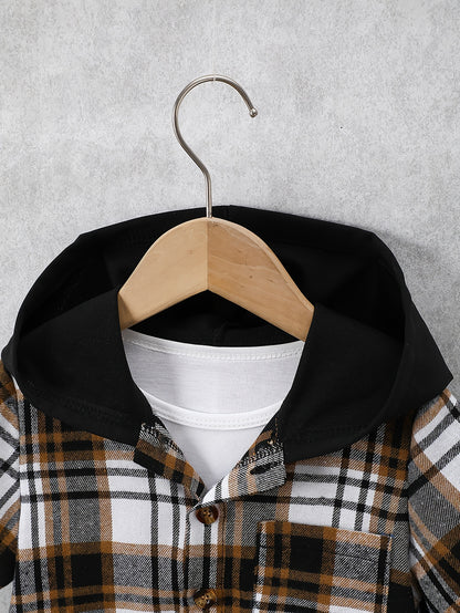 2pcs, Children's Short-sleeved Plaid Shirt Shorts Hooded Top Cardigan Fashion Casual Children's Shorts Set, Perfect for Outdoor