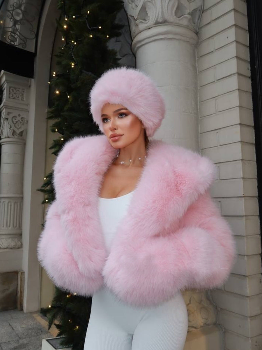 2026 Winter Women'S Pink Faux Hooded Coat, Warm Artificial Fox Overcoat, Stylish Plush Jacket