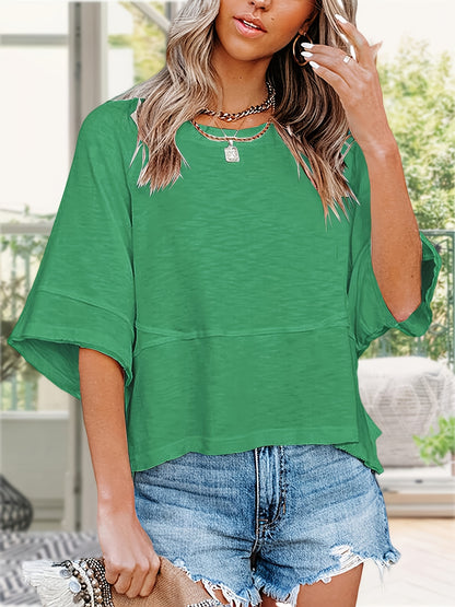 Women'S Summer Casual Crewneck Batwing Half Sleeve T-Shirts Solid Color Loose Fit Cute Basic Flowy Tops Tees Blouses