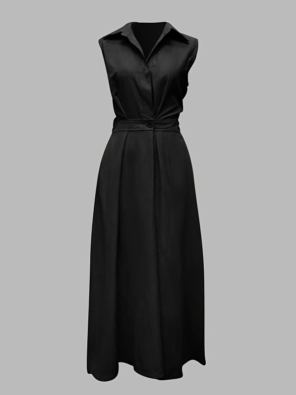 Sleeveless Solid Color Lapel Long Dresses Midi Dresses