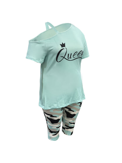 Plus Size - Ladies Plus Size Daily Casual One-Shoulder Short Sleeve Two-Piece Outfit, Diagonal Shoulder Design, Slim Fit Camouflage Pants Suit With Letter Print.