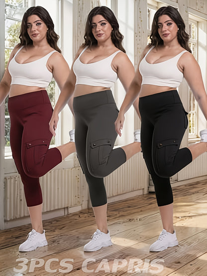 3-Pack High Waisted Cargo Yoga Pants With Slide Pockets - Tummy Control, 4 Pockets, Breathable 4-Way Stretch, Moisture Wicking, Perfect For Running, Gym & Yoga Lovers
