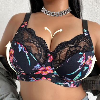 Women Deep V U-Back Bra, Floral Print Lace Spliced, Wire-Free Non-Padded Thin Breathable Intimates, Daily Lingerie For Spring Summer