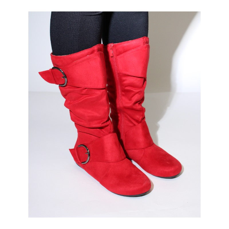 Women's Closed Round Toe Buckle Slouch Flat Heel Mid-Calf Boot