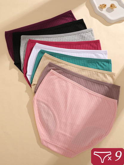 9-Pack Women'S Ribbed Underwear, Soft Breathable Mid-Rise Briefs, All-Day Comfort