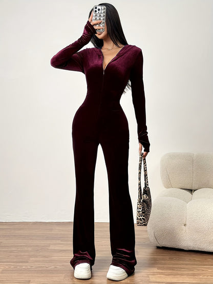 Spring And Autumn Women'S Casual Simple Solid Color Hooded Zipper Velvet Slim Fit Jumpsuit