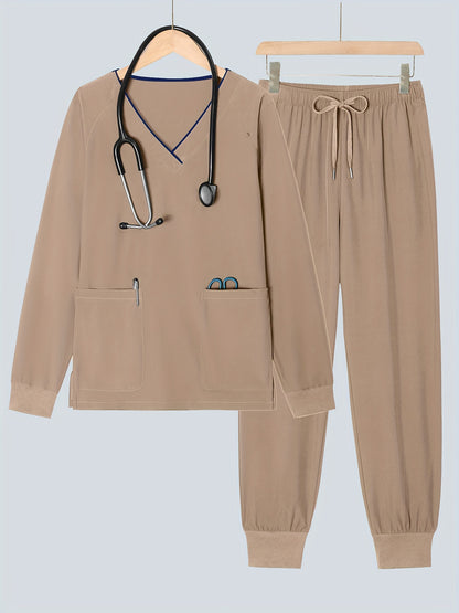 2pcs Women's V-Neck Matte Suit with Long Sleeve Stretch S Uniform Work Clothes Washable Pockets Breathable Elastic Top And Waist Cord Pocket Pants Set