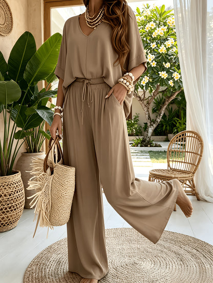 Women'S 2pcs V-Neck Wide Leg Pants Set - Boho Short Sleeve Loose Top & Drawstring Waist Outfit, Summer Beach Loungewear For Vacation, Perfect For Holiday And Daily Wear