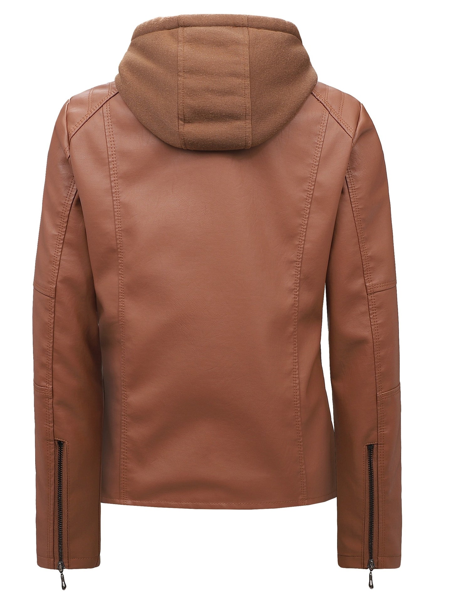 Women's Black Hooded PU Leather Jacket, Slim Fit Motorcycle Style Coat for Fall & Winter, Casual Windproof Outerwear with Removable Hood