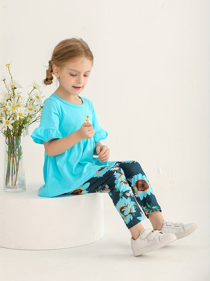 KuKitty Toddler Baby Girl Clothes Solid Color Flared Sleeve Ruffle Tops Sunflower Print Pants Outfits Set, Perfect for Outdoor