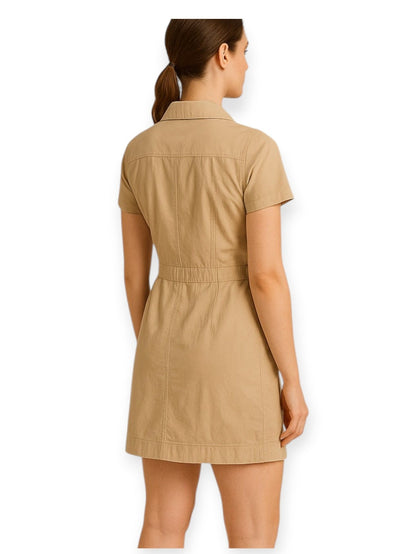 Women's Short Sleeve Zip-Up Utility Dress with Functional Front Pockets and Stylish Notched Collar – Lightweight and Breathable Fabric – Modern Tailored Fit for Casual, Work, or Weekend Wear – Versatile Shirt Dress Style with Full-Length Zipper and Define
