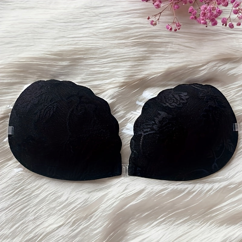 1 Pair SAHOBBIEHOP Lace Adhesive Push Up Bra Inserts - Polyester 80%, Silicone 20%, Breathable, Strong Adhesion, Front Button Design, Non-Transparent, Wireless Support, Ideal for Wedding Dresses and Strapless Gowns