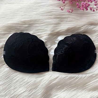 1 Pair SAHOBBIEHOP Lace Adhesive Push Up Bra Inserts - Polyester 80%, Silicone 20%, Breathable, Strong Adhesion, Front Button Design, Non-Transparent, Wireless Support, Ideal for Wedding Dresses and Strapless Gowns