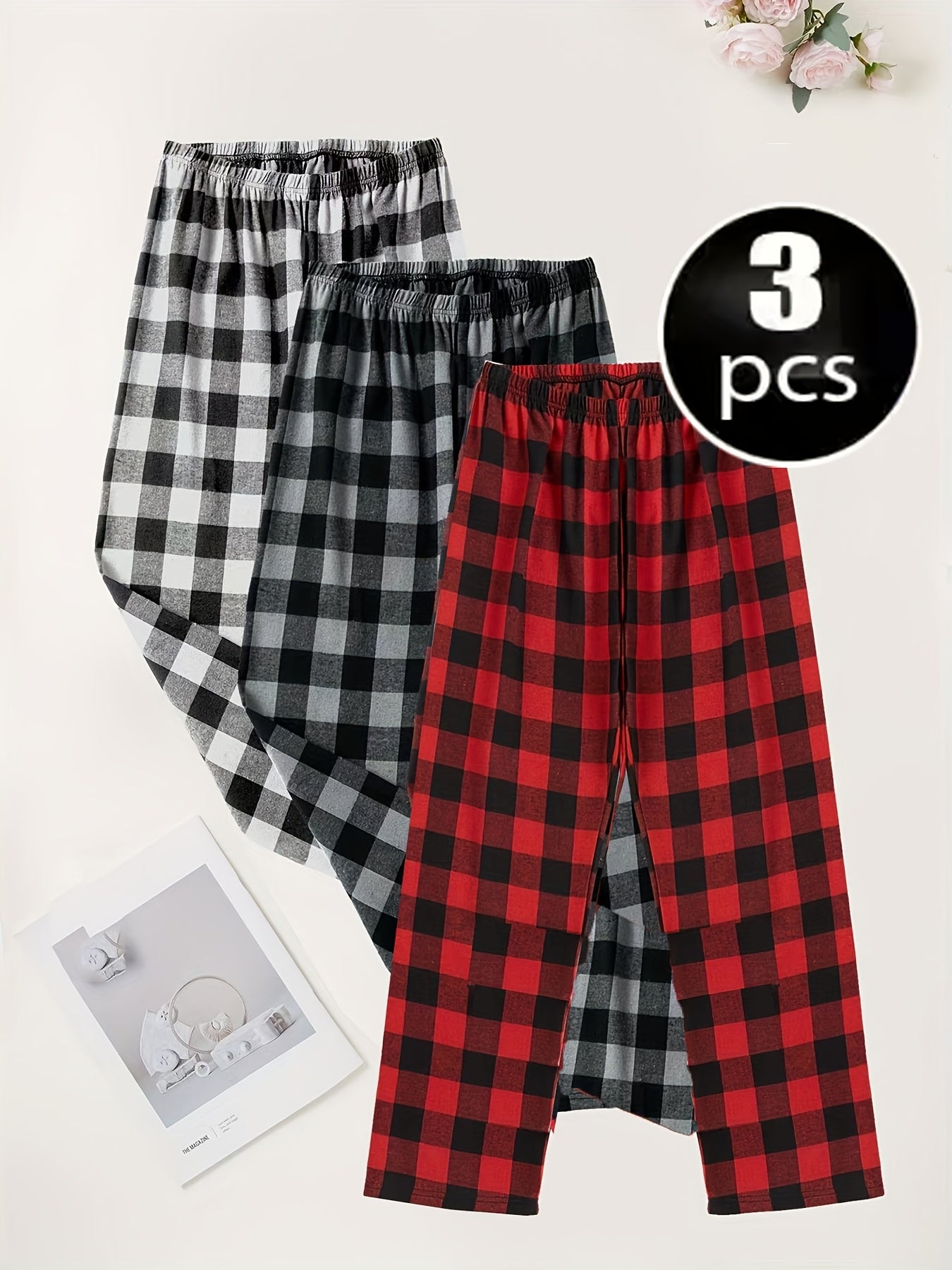 Spring And Summer 3pcs Men's Comfortable Sleep Pants Plaid Long Pants Spring And Autumn Lightweight Soft Home Pants 3pcs Pajama Set Four Seasons Elastic Waist Pajamas Long Home Pants