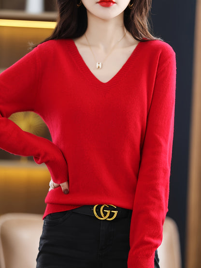 New Women's Solid Color V-Neck Knitted Base Sweater Pullover, Comfortable And Slimming Sweater For Autumn And Winter, Thin And Stylish Inner Layer, Suitable For Daily Wear