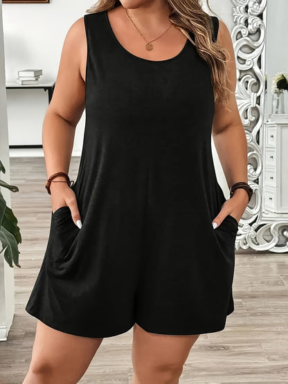 Green 3pcs Women's Plus Size Sleeveless Jumpsuit - Elegant Crew Neck, Stretchy Fabric, Pocket Detail, Ideal for Spring/Summer/Fall, Casual Wear|Elegant Sleeveless Jumpsuit|Pocketed Jumpsuit