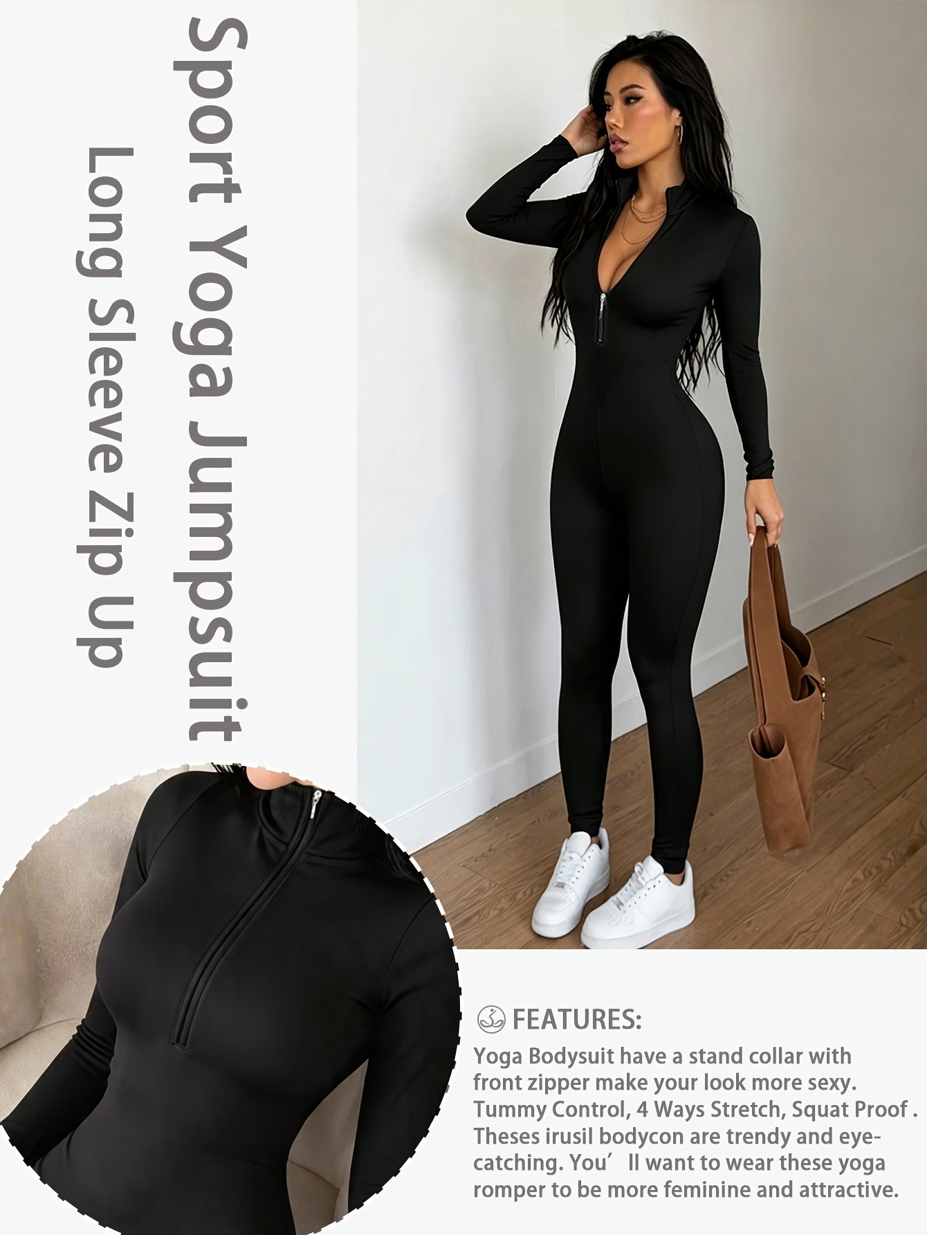 Women'S Solid Color Long Sleeve Skinny Jumpsuit, Front Half Zipper Design, Comfortable And Slim-fitting Jumpsuit, Casual And Versatile, Suitable For Cycling, Running, Yoga, Tennis And Other Training.