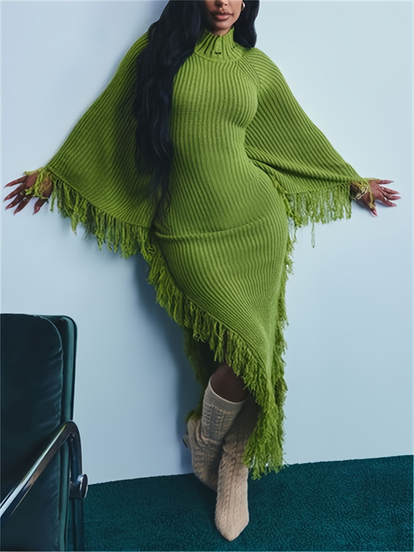 Gifts for Her, Fringe Trim Sweater Dress for Women, Batwing Long Sleeve High Neck Maxi Dress with Asymmetrical Hem, Sexy And Chic Style, for Fall Winter