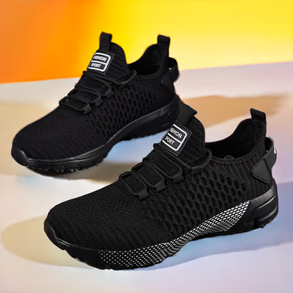 [Breathable Mesh Sneakers] Men's Breathable Mesh Sneakers - Ultra-Comfortable, Non-Slip, Geometric Print With Red Accents - Perfect For Running, Basketball, Tennis, And Casual Wear - Lightweight And Stylish For Active Men