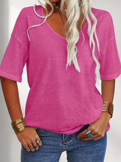 Women Fashion V-Neck Half Sleeves Oversized T Shirt Solid Casual Loose Basic Tops