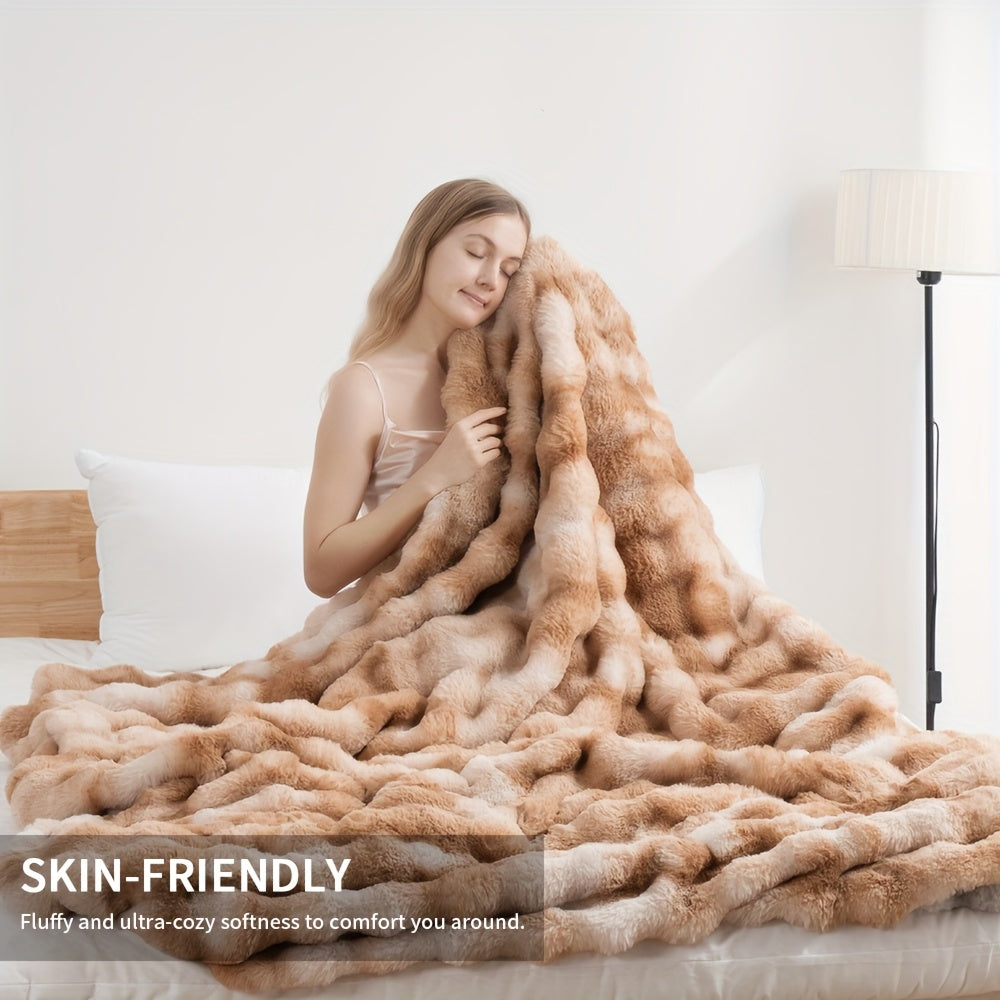 3D Faux Rabbit Fur Fleece Blanket - Double-Sided All-Season Throw