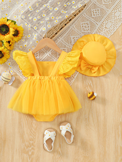 Baby Girl Summer Yellow Bee Jumpsuit Set: Sleeveless Patchwork Chiffon Jumpsuit And Matching Sun Hat, Suitable for Outdoor Outings (0-18 Months)