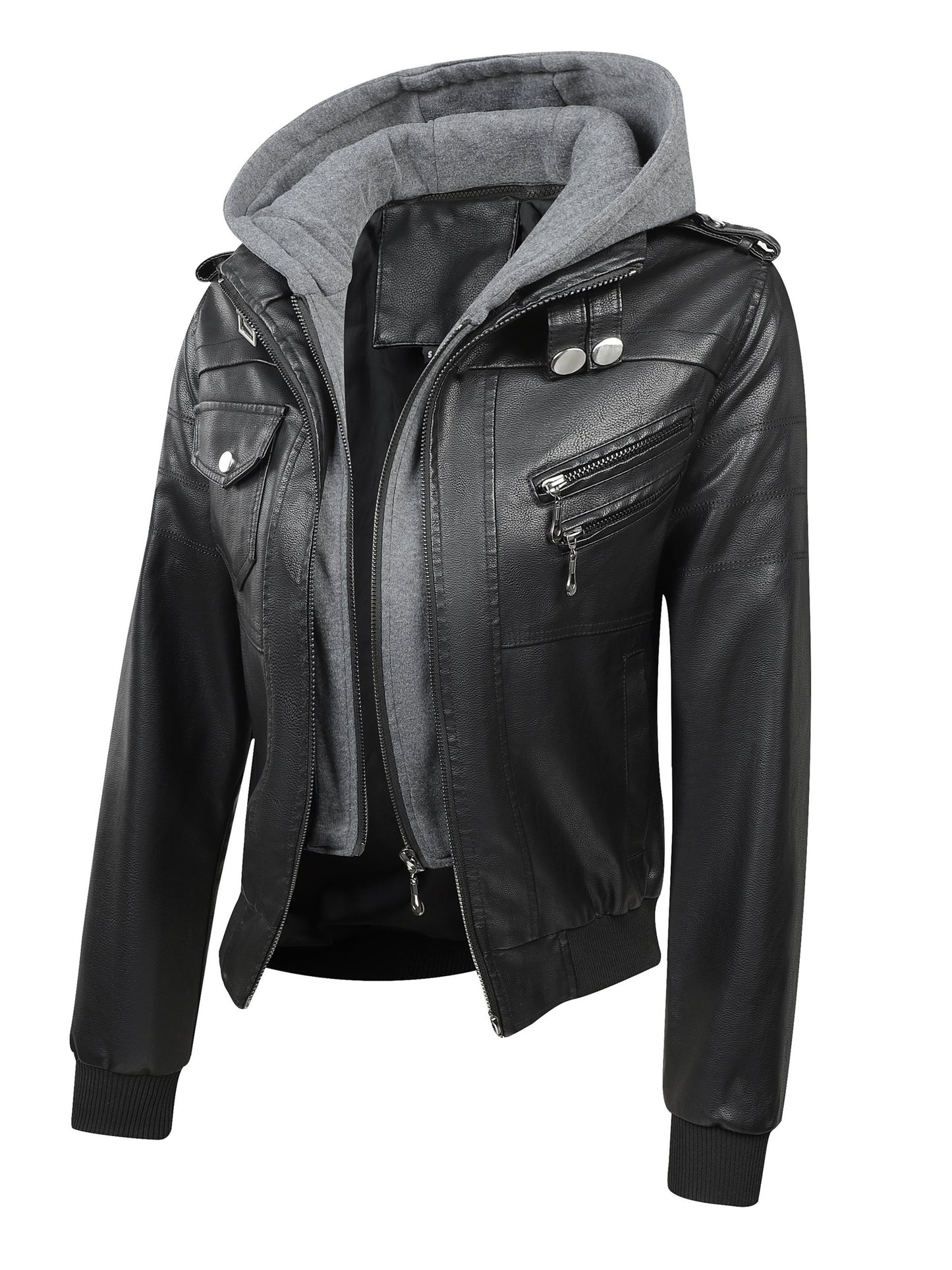 Women's Vintage-Style PU Leather Jacket - High Quality, Windproof, Tear- with Detachable Hood Casual Outdoor Riding Jacket