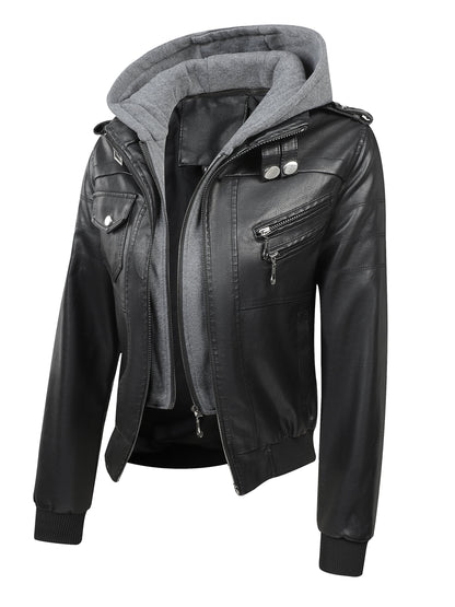 Women's Vintage-Style PU Leather Jacket - High Quality, Windproof, Tear- with Detachable Hood Casual Outdoor Riding Jacket