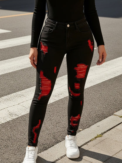 Plus Size Ripped Jeans - Y2K Style - Red Ripped Jeans - Trendy And High-Stretch - Suitable for Everyday Commute, Vacation, And Casual Wear All Seasons - High-Waisted Skinny - A Must-Have for Christmas Parties And Family Gatherings, Summer Breathable