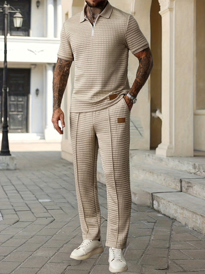 2pcs Men's Summer Commuter Casual Suit: Textured Fabric Half-zip Shirt Paired with Stitched Front Trousers, 2pcs Menswear, Vintage Style, Comfortable Fit.