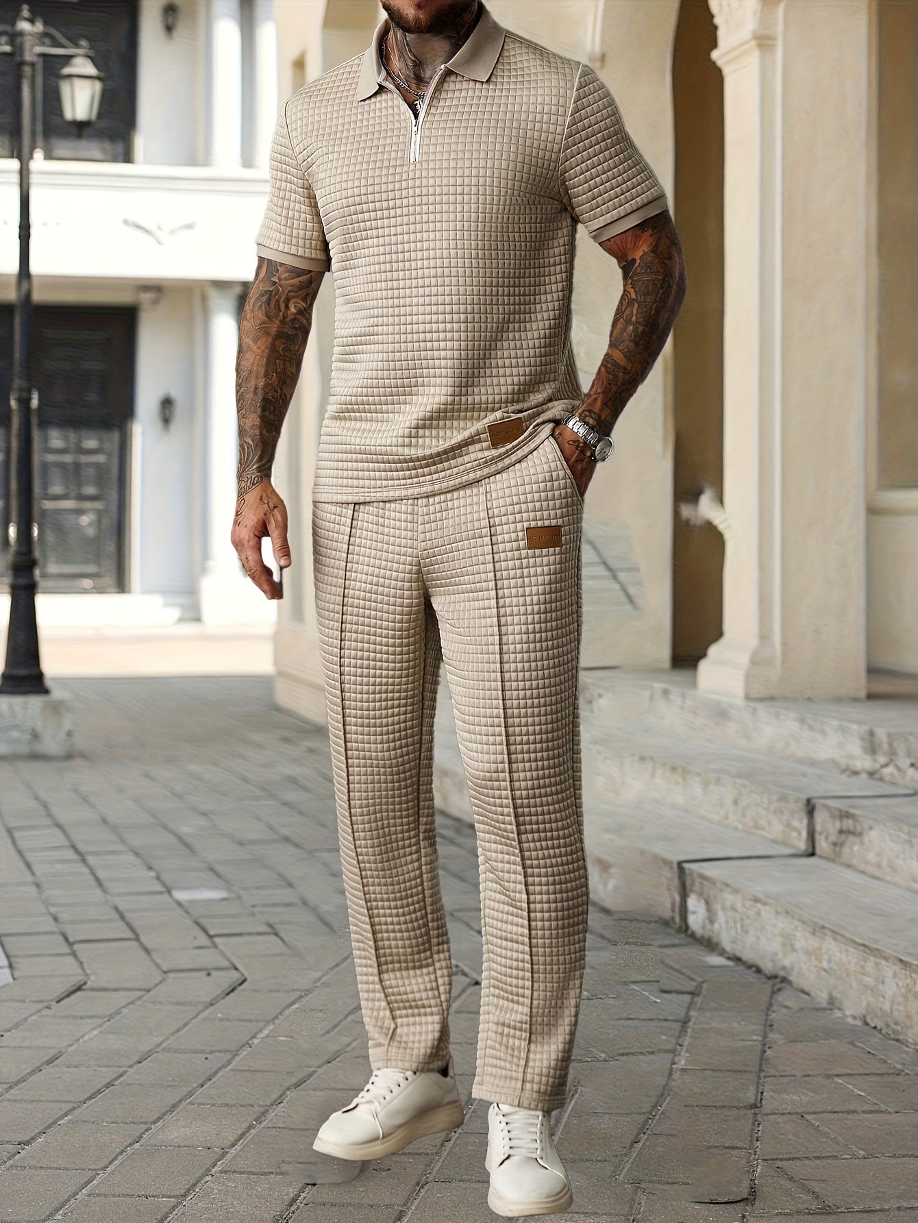 2pcs Men's Summer Commuter Casual Suit: Textured Fabric Half-zip Shirt Paired with Stitched Front Trousers, 2pcs Menswear, Vintage Style, Comfortable Fit.