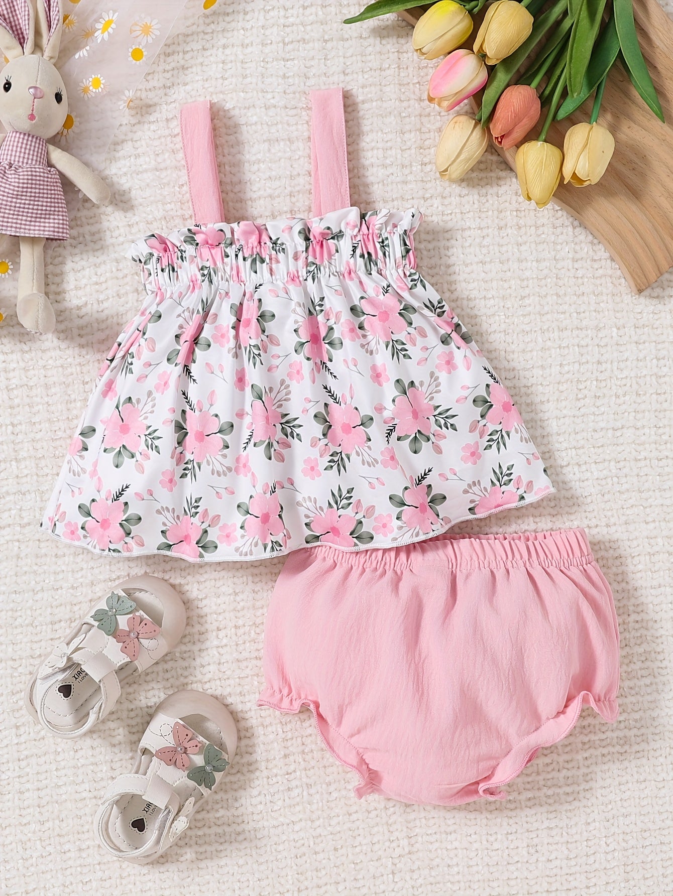 2pcs Baby Girls' Spring Summer Pink Floral & Bow Dress Set - Ruffled Sleeve Smock Dress & Matching Shorts with Elastic Waist, Machine Washable Playwear Outfit for & Young Girls (Casual Photo Shoot Clothes), Perfect for Outdoor