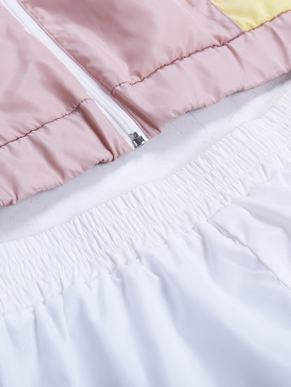 Women's 80s 90s Tracksuit 2 Piece Long Sleeve Outfits Retro Windbreaker Sport Set, Pink Yellow & White Patchwork Zip Elastic Waist Sportswear for Active Lifestyle