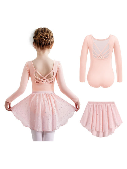 Girls' 2pcs Ballet Leotards Long Sleeve Cross-Back Dance Leotard with Detachable Shiny Skirt, Stretchy Polyester Dance Dress for Parties, Birthdays & Sports Events, Perfect for Outdoor, All Seasons, Gift for Back-to-School Season, Beach Essentials