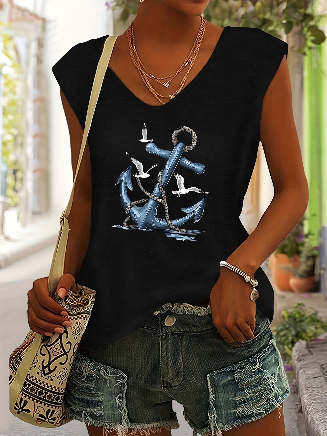 Blue Anchor Seagull Ocean Sailor Pattern Print European And American Style Women'S Spring Summer Casual Easy Versatile Vacation Color V-Neck Raglan Short Sleeve T-Shirt