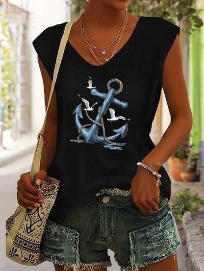 Blue Anchor Seagull Ocean Sailor Pattern Print European And American Style Women'S Spring Summer Casual Easy Versatile Vacation Color V-Neck Raglan Short Sleeve T-Shirt
